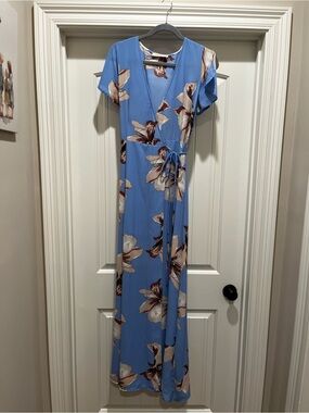 Sky Blue Floral Wrap Maxi Dress with Tie Waist